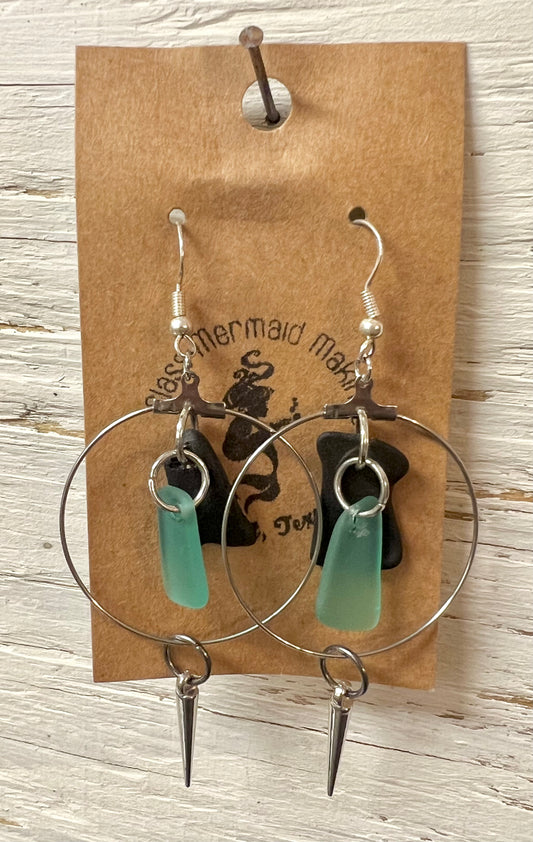 Black + Aqua Sea Glass Hoops