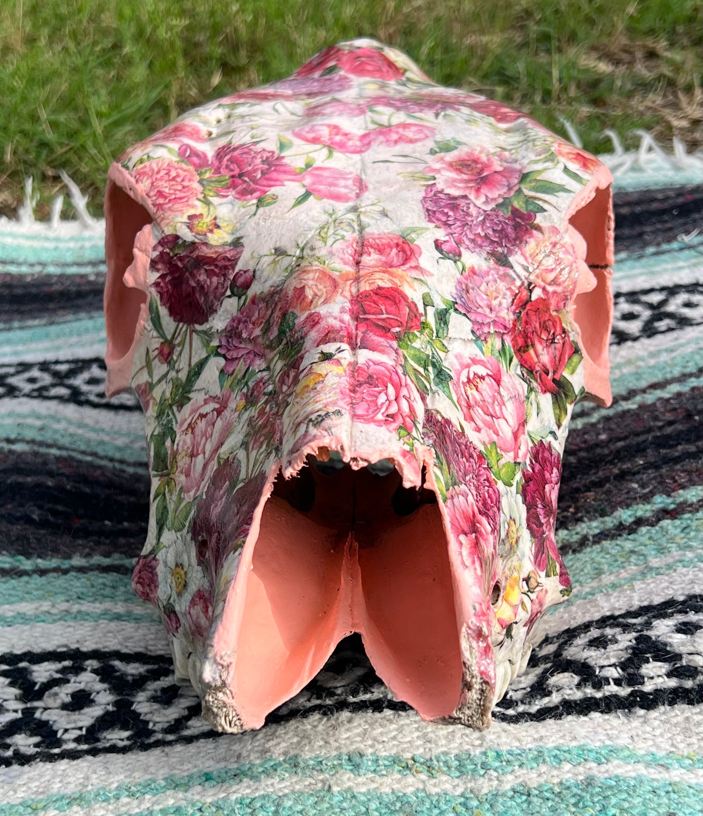 Pink Floral Decopauged Cow Skull