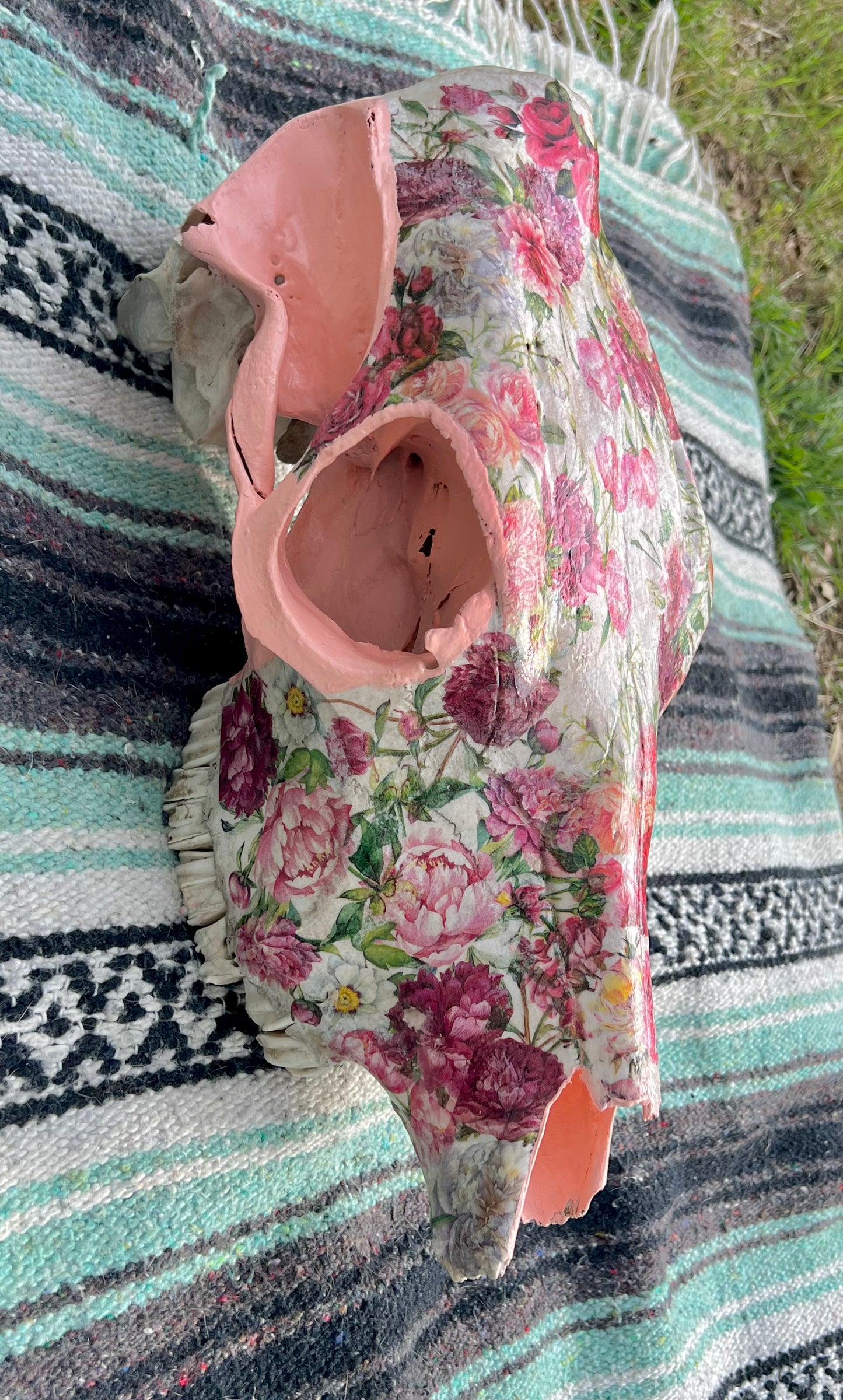 Pink Floral Decopauged Cow Skull