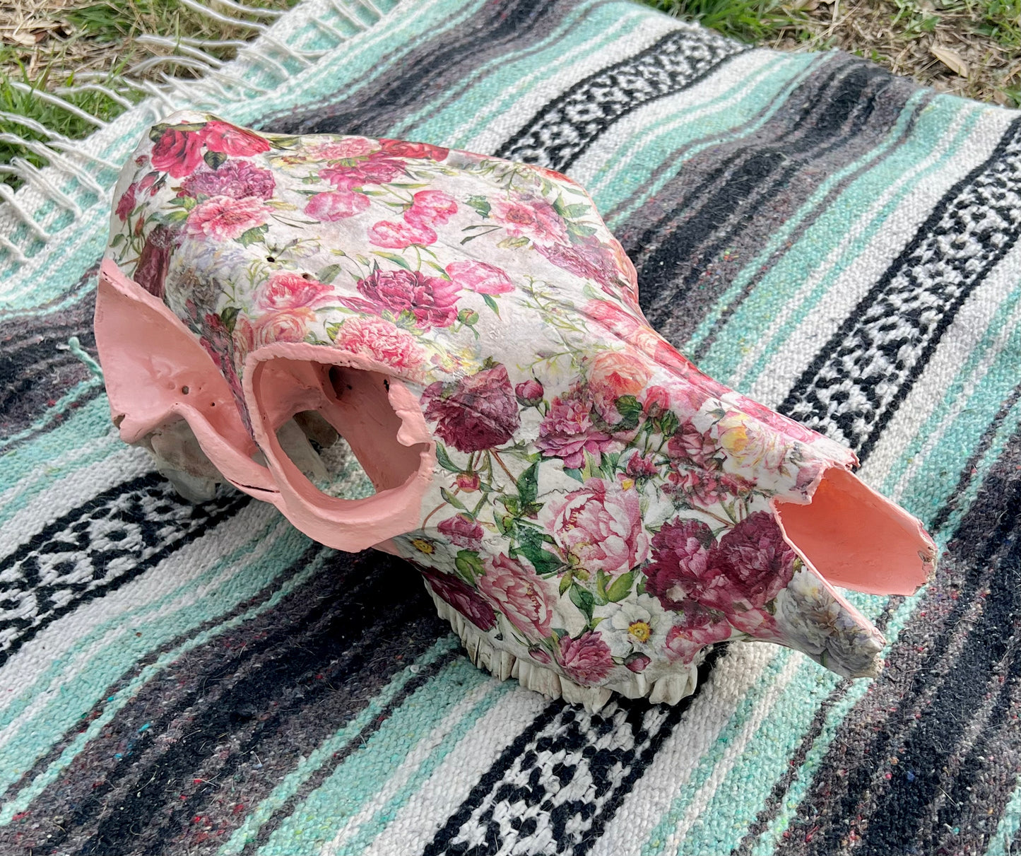 Pink Floral Decopauged Cow Skull