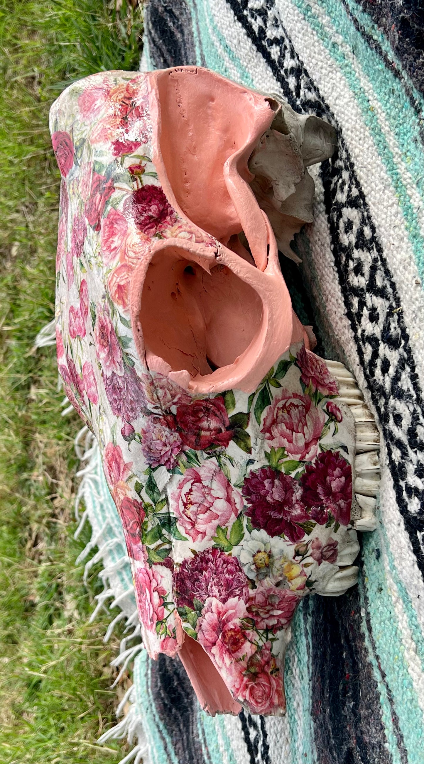 Pink Floral Decopauged Cow Skull