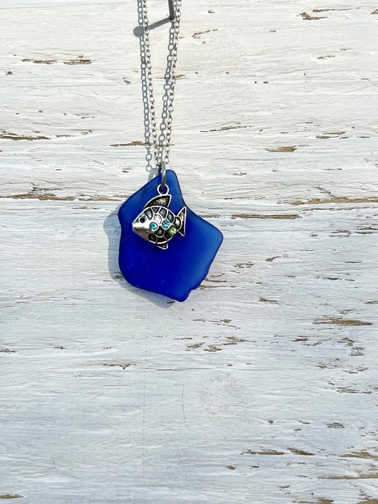 Blue Rhinestone Fish Necklace