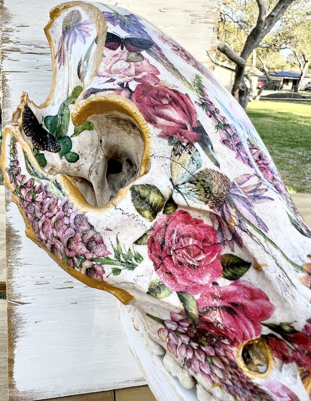 Large Floral Decopauged Hog Skull