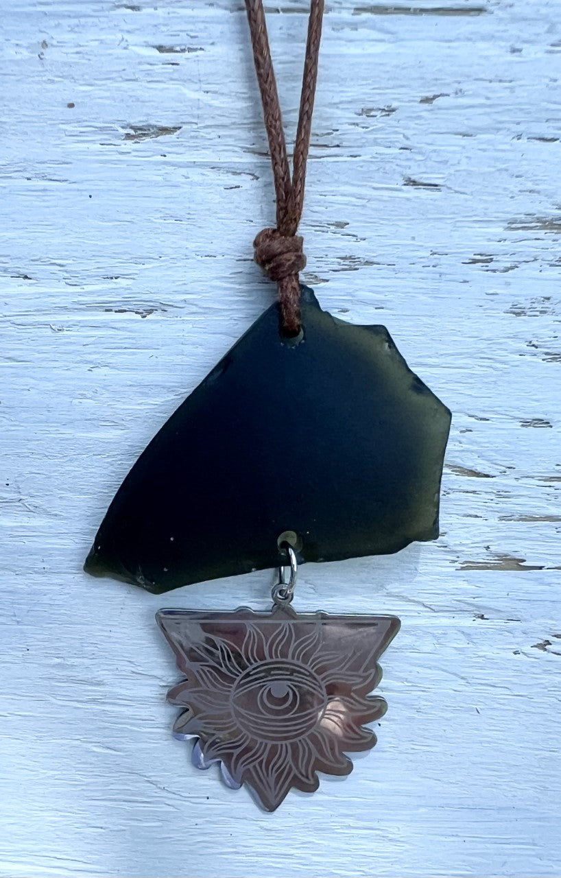 Boho Dark Green Sea Glass with Charm Necklace