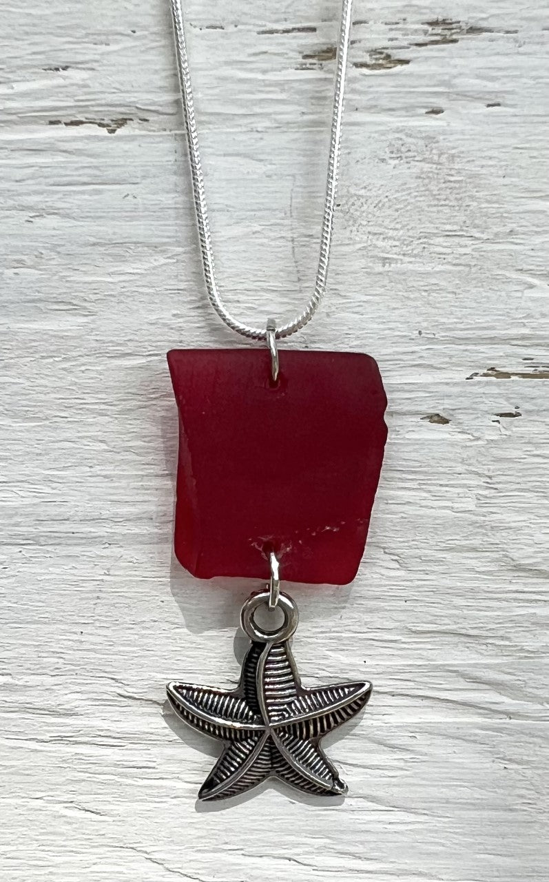 Rare Red Sea Glass with Starfish Necklace