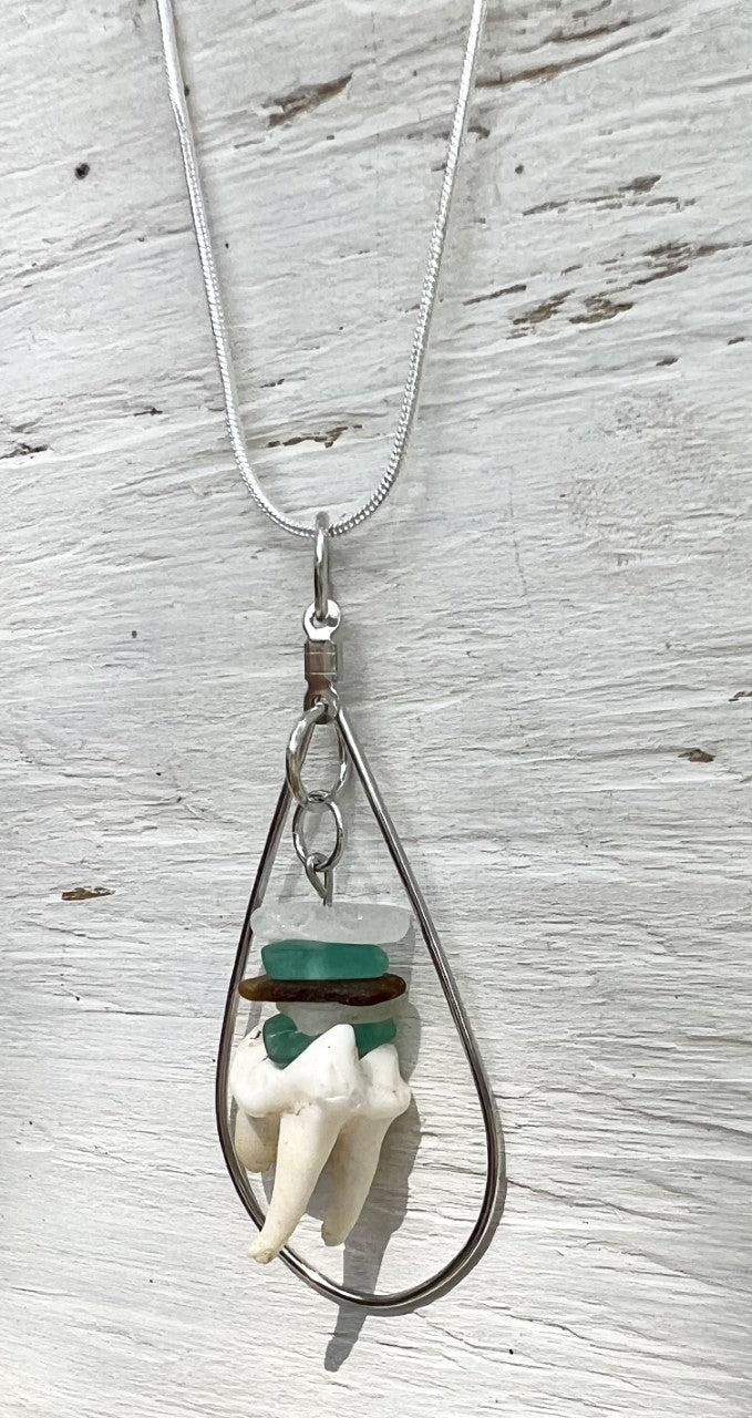 Coyote Tooth with Stacked Sea Glass Necklace