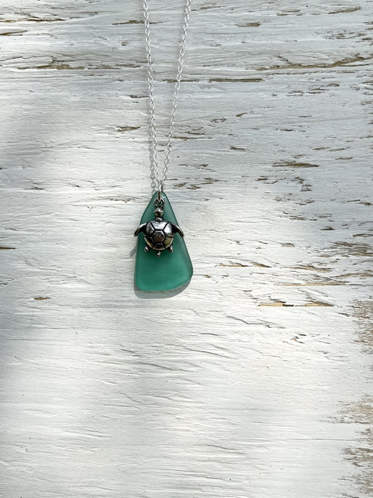 Aqua Seaglass Necklace with Turtle Charm